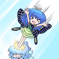 Rule 34 | &gt; &lt;, 216, 2girls, antennae, aqua hair, blue bow, blue hair, bow, butterfly wings, cirno, clenched teeth, collared shirt, dress, eternity larva, fairy, green dress, hair bow, ice, ice wings, insect wings, medium hair, multicolored clothes, multicolored dress, multiple girls, open mouth, shirt, short hair, short sleeves, single strap, smile, speed lines, teeth, touhou, white shirt, wings