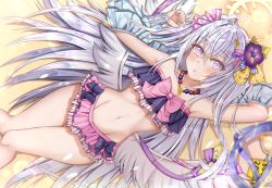Rule 34 | 1girl, ahoge, armpits, azusa (blue archive), azusa (swimsuit) (blue archive), bare shoulders, bikini, blue archive, collarbone, commentary request, feathered wings, flower, frilled bikini, frills, groin, hair flower, hair ornament, halo, highres, jewelry, long hair, looking at viewer, lying, midriff, necklace, on back, reneua, sidelocks, sleeveless, solo, stomach, swimsuit, twintails, white hair, white wings, wings