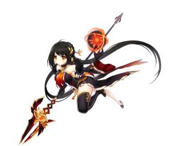 Rule 34 | 1girl, ara haan, ara han, asymmetrical legwear, black footwear, black gloves, black hair, boots, brown eyes, detached sleeves, dress, elsword, full body, gloves, holding, holding weapon, long hair, magic, official art, polearm, ress, simple background, solo, thigh boots, thighhighs, transparent background, uneven legwear, weapon, white background, yama raja (elsword)