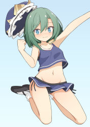 Rule 34 | 1girl, alternate costume, black footwear, black panties, blue background, blue eyes, blue hat, blue shirt, blue skirt, clenched hand, closed mouth, commentary request, crop top, frilled hat, frills, green hair, groin, hat, hekkmushi, highres, looking at viewer, navel, outstretched arm, panties, shiki eiki, shirt, short hair, skirt, socks, solo, touhou, underwear, white socks