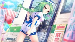 Rule 34 | &gt;:(, 1girl, ambulance, arrow (symbol), ass, balloon, banner, blue sky, blush, braid, breasts, closed mouth, clothes tug, cloud, day, dot nose, dress, dutch angle, film grain, from behind, from below, frown, game cg, green hair, hat, izumi tsubasu, lens flare, long braid, long hair, looking at viewer, looking back, medium breasts, monitor, non-web source, nurse, nurse cap, official art, outdoors, re:stage!, shirokita kuroha, short dress, short sleeves, single braid, sky, solo, sparkle, thighs, tree, v-shaped eyebrows, yellow eyes