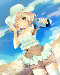 Rule 34 | 1girl, bangle, blush, bonkiru, bracelet, breasts, brown hair, brown shorts, cellphone, cleavage, cloud, collarbone, cowboy shot, day, dutch angle, eyebrows, flower, frilled shirt, frills, hand on headwear, hat, head tilt, highres, holding, holding phone, jewelry, medium breasts, original, outdoors, parted lips, phone, purple eyes, road, shirt, shorts, sky, sleeveless, sleeveless shirt, smartphone, solo, spaghetti strap, thighhighs, white thighhighs
