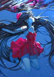 Rule 34 | 1girl, absurdly long hair, arutera, bad id, bad pixiv id, barefoot, blue theme, dress, closed eyes, floating hair, flower, full body, greek toe, hair flower, hair ornament, highres, long hair, original, red dress, reflection, solo, spaghetti strap, strap slip, toes, underwater, very long hair, water