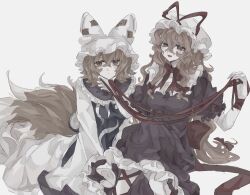 Rule 34 | 2girls, animal ears, arm ribbon, back bow, blonde hair, blue tabard, bow, bowtie, breasts, closed mouth, collar, collarbone, dress, elbow gloves, expressionless, feet out of frame, fox ears, fox tail, frilled collar, frilled dress, frilled hat, frilled sleeves, frills, gloves, hair bow, hand on another&#039;s chin, hands on lap, hat, hat ribbon, highres, holding, holding ribbon, leg ribbon, long hair, long sleeves, looking at viewer, medium breasts, medium dress, medium hair, mob cap, multiple girls, multiple tails, open mouth, puffy short sleeves, puffy sleeves, purple collar, purple dress, purple eyes, purple sleeves, red bow, red bowtie, red ribbon, ribbon, shindiyue, short sleeves, simple background, sitting, sleeve bow, smile, tabard, tail, tassel hat ornament, touhou, very long hair, white background, white dress, white gloves, white headwear, white sleeves, yakumo ran, yakumo yukari, yellow eyes