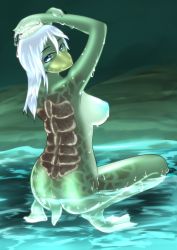 Rule 34 | 1girl, 7 percent, ass, blue eyes, breasts, colored skin, female focus, from behind, green skin, kappa, long hair, looking back, monster girl, nude, original, partially submerged, solo, squatting, tail, water, webbed feet, wet, white hair