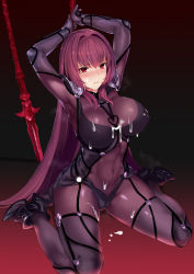 Rule 34 | 1girl, armpits, arms up, bad id, bad pixiv id, blush, bodysuit, boots, breasts, covered erect nipples, covered navel, cum, cum on body, cum on breasts, cum on lower body, cum on upper body, facial, fate/grand order, fate (series), gae bolg (fate), jilllxlxl, large breasts, long hair, polearm, purple bodysuit, purple hair, red eyes, scathach (fate), scathach (fate), sitting, solo, spear, wariza, weapon