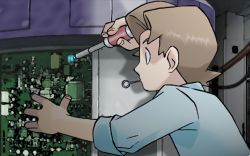 Rule 34 | 1boy, bill (pokemon), brown hair, circuit, creatures (company), from side, game freak, holding, indoors, male focus, mouth hold, nintendo, official art, pokemon, pokemon gsc, pokemon tcg, shirt, sleeves rolled up, solo, sugimori ken, third-party source, white shirt