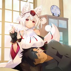 Rule 34 | 1boy, 1girl, animal ears, bare shoulders, black hair, breasts, faceless, faceless male, fingerless gloves, gloves, hand on another&#039;s head, hat, inubashiri momiji, japanese clothes, lap pillow, large breasts, long sleeves, plate, pom pom (clothes), red eyes, short hair, smile, tail, tokin hat, touhou, transpot nonoko, white hair, wolf ears, wolf girl, wolf tail