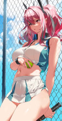 Rule 34 | 1girl, arms behind back, azur lane, ball, bare shoulders, blue sky, breath, bremerton (azur lane), bremerton (scorching-hot training) (azur lane), chain-link fence, clothes lift, cloud, collared shirt, cowboy shot, crop top, crop top overhang, day, fence, hair between eyes, hair ornament, headgear, heart, heart necklace, highres, holding, holding ball, holding racket, jewelry, leaning back, long hair, midriff, multicolored hair, navel, necklace, open mouth, racket, red hair, shirt, skirt, skirt lift, sky, sleeveless, sleeveless shirt, sportswear, streaked hair, sweat, tennis ball, tennis racket, tennis uniform, thick thighs, thighs, twintails, two-tone shirt, two-tone skirt, wristband, x hair ornament, yd (orange maru)
