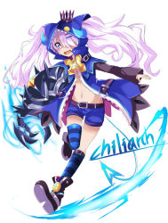 Rule 34 | 1girl, artist request, blue eyes, chiliarch (elsword), crown, elsword, female focus, full body, highres, horns, luciela r. sourcream, short twintails, solo, thighhighs, twintails, white background, white hair