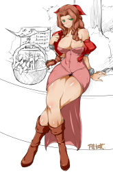 Rule 34 | 1990s (style), 1girl, aerith gainsborough, areola slip, bare shoulders, basket, blush, bow, braid, breasts, brown hair, cleavage, come hither, commentary request, covered erect nipples, cropped jacket, crossed legs, curvy, dress, female focus, final fantasy, final fantasy vii, flower, green eyes, hair ribbon, large breasts, legs, long hair, long legs, looking at viewer, misasagi tasuku, naughty face, pink bow, pink dress, prostitution, retro artstyle, ribbon, seductive smile, simple background, single braid, sitting, smile, solo, teasing, thick thighs, thighs, translation request, wide hips