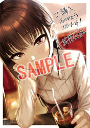 Rule 34 | 1girl, aoi tiduru, belt, blurry, blurry background, brown hair, cup, drinking glass, drinking straw, english text, glasses, hand on own cheek, hand on own face, holding, holding cup, ice, long hair, long sleeves, looking at viewer, no earrings, original, pleated shirt, red eyes, sitting