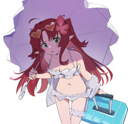 Rule 34 | 1girl, absurdres, arknights, bare shoulders, bikini, breasts, brown-framed eyewear, brown-tinted eyewear, brown hair, cleavage, collarbone, commentary, eyewear on head, frilled umbrella, frills, green eyes, grey bikini, grey jacket, groin, heart, heart-shaped eyewear, highres, holding, holding umbrella, jacket, ki26, long hair, long sleeves, looking at viewer, medium breasts, myrtle (arknights), myrtle (summer flowers) (arknights), off shoulder, official alternate costume, open clothes, open jacket, parted bangs, parted lips, pointy ears, sidelocks, simple background, solo, swimsuit, symbol-only commentary, tinted eyewear, two side up, umbrella, very long hair, white background, white umbrella