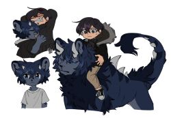 Rule 34 | 2boys, anger vein, animal ears, artist name, black hair, black jacket, black sweater, blue eyes, blue fur, blue hair, body fur, child, clenched teeth, closed eyes, commentary, deviidog0, english commentary, fangs, full body, furrification, furry, furry male, grey shirt, highres, hood, hood down, hooded jacket, horns, hug, jacket, long sleeves, lying, male focus, monster, multiple boys, multiple views, on back, open mouth, original, riding, riding animal, shirt, short-sleeved jacket, short hair, short sleeves, simple background, sweater, t-shirt, teeth, turtleneck, turtleneck sweater, twitter username, very short hair, white background