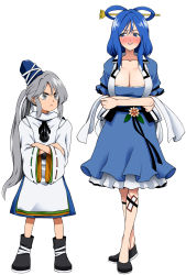 Rule 34 | &gt;:&lt;, 2girls, :&lt;, bad id, bad pixiv id, blue dress, blue eyes, blue hair, blush, breast envy, breasts, cleavage, closed mouth, collarbone, crossed arms, dress, female focus, fuantei, grey eyes, hair ornament, hair rings, hair stick, hat, hat ribbon, height difference, kaku seiga, large breasts, crossed legs, long hair, long sleeves, mononobe no futo, multiple girls, open clothes, open vest, ponytail, puffy sleeves, ribbon, shawl, shirt, short sleeves, silver hair, skirt, smile, standing, touhou, v-shaped eyebrows, very long hair, vest, wide sleeves