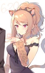 Rule 34 | 10s, 1girl, animal ears, animal print, arm warmers, bad id, bad twitter id, bare shoulders, black dress, breasts, brown hair, citti (show by rock!!), closed mouth, crying, crying with eyes open, dress, eyebrows, hairband, jewelry, leopard ears, leopard print, mayachi (amuriya), medium breasts, ponytail, red eyes, ring, show by rock!!, solo focus, sparkle, spiked hairband, spikes, strap slip, swept bangs, tail, tears, thick eyebrows, tsurime, wavy mouth, white background