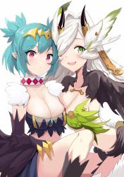 Rule 34 | 2girls, absurdres, animal hands, artist request, blue hair, breasts, brown wings, claws, collar, commission, elil (granblue fantasy), fangs, feathered wings, feathers, granblue fantasy, green eyes, green wings, hair between eyes, hair intakes, harpy, head wings, highres, horns, indie virtual youtuber, lincoro, long hair, looking at viewer, medium breasts, monster girl, multiple girls, open mouth, parted lips, pointy ears, red eyes, second-party source, short hair, short twintails, twintails, virtual youtuber, white hair, winged arms, wings