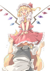 Rule 34 | 2girls, :d, ^^^, apron, arnest, ascot, black shirt, black skirt, blonde hair, blush, bow, collar, collared shirt, commentary, crystal, eeyasu, fang, flandre scarlet, flying sweatdrops, frilled apron, frilled collar, frilled cuffs, frilled skirt, frilled sleeves, frills, frown, hat, hat bow, highres, kirisame marisa, long hair, medium hair, medium skirt, mob cap, multiple girls, one side up, open mouth, puffy short sleeves, puffy sleeves, red bow, red eyes, red shirt, red skirt, shirt, short sleeves, simple background, sitting, sitting on head, sitting on person, skin fang, skirt, skirt set, smile, touhou, waist apron, white background, wings, yellow ascot