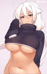 Rule 34 | 1girl, ahoge, bottomless, breasts, brown eyes, commentary, cropped shirt, fang, fang out, gradient background, hair between eyes, highres, iwbitu, large breasts, long hair, long sleeves, looking at viewer, low twintails, navel, nyopu, original, simple background, skin fang, sleeves past fingers, sleeves past wrists, smile, solo, stomach, symbol-only commentary, thick eyebrows, turtleneck, twintails, twitter username, underboob, upper body, white hair