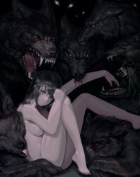 Rule 34 | 1girl, absurdres, animal, arm up, black hair, blood, breasts, brown eyes, commentary, completely nude, covering privates, covering breasts, english commentary, fangs, foot out of frame, hand up, highres, leg up, looking at viewer, medium breasts, medium hair, nude, original, oversized animal, sidelocks, solo, sub chon9, wolf