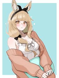 Rule 34 | 1girl, :o, alternate costume, animal ear fluff, animal ears, arknights, black hairband, blemishine (arknights), blonde hair, blue background, border, breasts, cardigan, commentary, hairband, highres, holding, holding pillow, horse ears, horse girl, long hair, looking at viewer, outline, pillow, red cardigan, shirt, sideboob, simple background, single off shoulder, sleeves past wrists, solo, squeans, white shirt, yellow eyes, yuki nko64