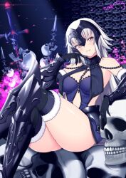 Rule 34 | 1girl, armored boots, arms up, bare shoulders, black dress, black gloves, blush, bone, boots, breasts, brown eyes, chain, commentary request, crossed legs, detached sleeves, dress, fate/grand order, fate (series), fur-trimmed legwear, fur-trimmed sleeves, fur trim, gauntlets, gloves, hand to own mouth, headpiece, impaled, jeanne d&#039;arc alter (avenger) (fate), jeanne d&#039;arc alter (avenger) (third ascension) (fate), jeanne d&#039;arc alter (fate), long hair, looking at viewer, medium breasts, mixed-language commentary, parted lips, ppshex, sitting, skull, smile, solo, sword, thighs, very long hair, weapon, white hair