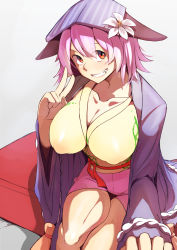 Rule 34 | 1girl, ayakumo, blush, breasts, cleavage, collarbone, covered erect nipples, flower, grin, hat, hat flower, highres, japanese clothes, kimono, large breasts, long sleeves, looking at viewer, mystical power plant, original, pink hair, puffy nipples, red eyes, sash, selfie, short hair, smile, solo, thighs, tobikura momo, toned, touhou, v, wide sleeves