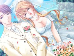 Rule 34 | blonde hair, bouquet, breasts, choker, cleavage, confetti, couple, dress, closed eyes, flower, happy, open mouth, smile, wedding, wedding dress
