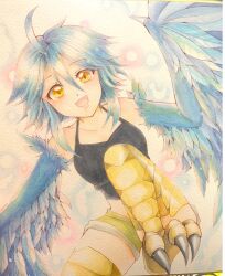 Rule 34 | 1girl, :d, ahoge, bare shoulders, bird legs, black tank top, blue feathers, blue hair, blue wings, blush, breasts, brown shorts, collarbone, commentary, commission, digitigrade, dutch angle, feathered wings, feathers, flying, hair between eyes, harpy, knee up, light blush, light particles, looking at viewer, medium breasts, midriff, monster girl, monster musume no iru nichijou, open mouth, painting (medium), paper texture, papi (monster musume), short hair, short hair with long locks, short shorts, shorts, sidelocks, smile, solo, talons, tank top, traditional media, tsubasa (kuromoka), watercolor (medium), white background, winged arms, wings, yellow eyes
