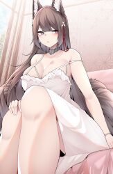 Rule 34 | 1girl, absurdres, amagi (azur lane), animal ear fluff, animal ears, azur lane, bare arms, bare shoulders, blunt bangs, blush, breasts, brown hair, choker, cleavage, commentary, dated commentary, dress, fox ears, fox girl, fox tail, hair ornament, highres, indoors, kitsune, knees, kyuubi, large breasts, long hair, multiple tails, parted lips, purple eyes, samip, single off shoulder, sitting, solo, strap, tail, thick eyebrows, white dress