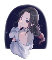 Rule 34 | 1girl, bang dream!, blue eyes, braid, brown hair, commentary request, cropped torso, detached sleeves, forehead, grey shirt, hair ornament, hair scrunchie, hand on own cheek, hand on own face, highres, light blush, long hair, looking at viewer, ppora, scrunchie, see-through, shirt, sidelocks, single braid, smile, solo, star (symbol), starry background, wakana rei
