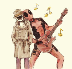 Rule 34 | 2boys, coat, crossover, dc comics, deadpool, deadpool (series), fedora, gloves, guitar, hands in pockets, hat, instrument, jacket, leaning, marvel, mask, multiple boys, music, rorschach, tagme, thigh strap, trench coat, watchmen