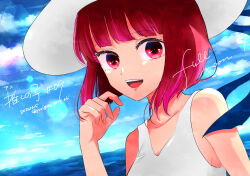 Rule 34 | arima kana, blue sky, commentary request, dress, happy, hat, hat ribbon, highres, ocean, open mouth, oshi no ko, red eyes, red hair, ribbon, short hair, sky, smile, solo, white dress, white hat, yurigera 8959