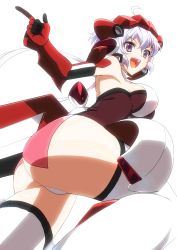 Rule 34 | 10s, 1girl, absurdres, ahoge, armpits, ass, bodysuit, breasts, female focus, from below, grin, highres, large breasts, leotard, open mouth, panties, pointing, purple eyes, senki zesshou symphogear, sideboob, simple background, smile, solo, thighhighs, twintails, underwear, white background, white hair, white panties, white thighhighs, yukine chris