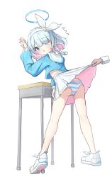 Rule 34 | 1girl, 1other, absurdres, arona (blue archive), ass, blue archive, blue eyes, blue hair, blue halo, blush, closed mouth, desk, deuroseu, hair over one eye, halo, highres, long sleeves, panties, pink hair, pleated skirt, school desk, shoes, short hair, simple background, skirt, solo focus, striped clothes, striped panties, underwear, white background, white footwear, white skirt