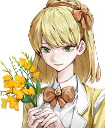 Rule 34 | 1girl, blonde hair, bow, bow hairband, bowtie, braid, carol0905, collared shirt, crown braid, flower, flower request, green eyes, hairband, highres, holding, holding flower, jacket, library of ruina, medium hair, orange bow, orange bowtie, orange hairband, project moon, shirt, simple background, smile, solo, tiphereth a (project moon), upper body, white background, white shirt, yellow flower, yellow jacket