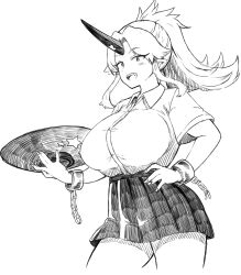 Rule 34 | 1girl, absurdres, alternate costume, breasts, collared shirt, commentary request, cowboy shot, cuffs, cup, greyscale, highres, himajin noizu, holding, holding cup, horns, hoshiguma yuugi, huge breasts, long hair, monochrome, oni horns, open mouth, ponytail, sakazuki, shackles, shirt, short sleeves, sidelocks, simple background, single horn, skirt, solo, star (symbol), star print, teeth, touhou, upper teeth only