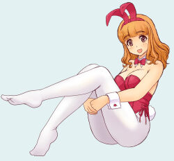 Rule 34 | 1girl, animal ears, ass, blue background, blush, bow, bowtie, breasts, brown eyes, cleavage, fake animal ears, fake tail, girls und panzer, large breasts, leotard, long hair, looking at viewer, open mouth, orange hair, pantyhose, playboy bunny, rabbit ears, rabbit tail, red bow, red bowtie, red leotard, simple background, smile, solo, tail, takebe saori, uona telepin, white pantyhose