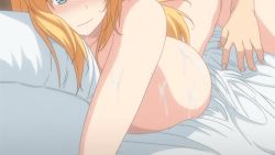 Rule 34 | 1boy, 1girl, animated, animated gif, ass, bed, blonde hair, blue eyes, blush, breasts, buttjob, censored, huge breasts, ikkyuu nyuukon, long hair, penis, pillow, queen bee, sweat