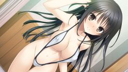 Rule 34 | 1girl, armpits, arms up, bare shoulders, black eyes, black hair, blush, breasts, covered erect nipples, game cg, hip focus, hitsuji takako, kiss ato, large breasts, legs, long hair, looking at viewer, natsume azusa, navel, slingshot swimsuit, smile, solo, standing, swimsuit, thighs