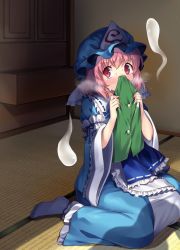 Rule 34 | 1girl, arm garter, blue hat, blue kimono, blue ribbon, blush, caught, commentary request, drawer, female pervert, frilled kimono, frilled sleeves, frills, green vest, hands up, hat, highres, hitodama, holding, holding clothes, indoors, japanese clothes, juliet sleeves, kapuchii, kimono, long sleeves, mob cap, no shoes, partial commentary, pervert, petticoat, pink eyes, pink hair, puffy sleeves, ribbon, saigyouji yuyuko, seiza, shadow, short hair, silhouette, sitting, smelling, socks, solo, sweat, tatami, touhou, triangular headpiece, vest, wariza, wide sleeves