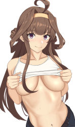 Rule 34 | 1girl, ahoge, areola slip, baji toufuu (bajitohfu), blush, breasts, brown hair, closed mouth, clothes lift, collarbone, double bun, hair bun, hairband, highres, kantai collection, kongou (kancolle), large breasts, lifted by self, long hair, looking at viewer, navel, purple eyes, simple background, smile, solo, upper body, white background