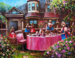 Rule 34 | 1girl, alice margatroid, blonde hair, blue dress, blue eyes, blue sky, cake, capelet, carrying, chair, cup, day, dress, flower, flying, food, garden, hairband, hourai doll, house, light rays, looking at viewer, oil painting (medium), outdoors, painting (medium), red flower, red rose, revision, ribbon, rose, sash, saucer, shanghai doll, short hair, sitting, sky, smile, solo, sunbeam, sunlight, table, tablecloth, tafuto, tea party, teacup, teapot, tiered tray, touhou, traditional media, tray, tree, vase