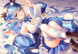 Rule 34 | 1girl, ahoge, antlers, ass, belt, blue coat, blue dress, blue nails, blue neckwear, boots, breasts, brown belt, brown footwear, coat, commentary, daifuku (yukihana lamy), dress, flower, frilled dress, frilled legwear, frills, full body, fur-trimmed coat, fur trim, hair flower, hair ornament, heart, heart ahoge, highres, hololive, horns, jar, kuri (animejpholic), large breasts, long hair, looking at viewer, lying, nail polish, no panties, on back, plaid, plaid scarf, pointy ears, pom pom (clothes), reindeer antlers, scarf, smile, snow, snowflake print, solo, symbol-only commentary, twitter username, very long hair, virtual youtuber, white legwear, yellow eyes, yukihana lamy