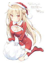 Rule 34 | 1girl, :/, ahoge, artist name, blonde hair, boots, breasts, buttons, character name, christmas, cleavage, cleavage cutout, clothing cutout, commentary request, copyright name, crab, cross-laced footwear, crossed arms, dated, dress, full body, fur trim, hair bun, hajimaranai ragnarok to owatteru uchira no live, hat, kani biimu, lace-up boots, large breasts, long hair, long sleeves, looking at viewer, nitta kikka, orange eyes, red dress, red eyes, red footwear, sack, santa boots, santa costume, santa hat, short dress, sidelocks, simple background, single hair bun, sleeves past wrists, solo, taut clothes, taut dress, translation request, very long hair, white background