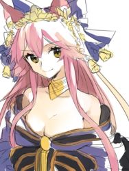 Rule 34 | 10s, 1girl, animal ears, bare shoulders, breasts, brown eyes, choker, cleavage, fate/extra, fate/grand order, fate (series), hair ornament, japanese clothes, kimono, long hair, pink hair, smile, tamamo no mae (fate/extra)