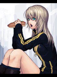 Rule 34 | 1girl, bad id, bad pixiv id, blonde hair, blue eyes, boots, eating, female focus, food, green eyes, hot dog, jacket, knee boots, kneehighs, legs, letterboxed, long hair, mustard seeds, open mouth, original, sitting, socks, solo, thighs, track jacket, white hair, yuuji (and), zipper