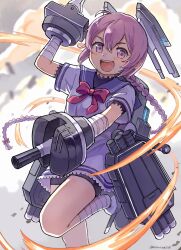 Rule 34 | 1girl, arm cannon, bandaged arm, bandaged leg, bandages, bike shorts, blue sailor collar, blush, bow, braid, dress, explosion, headgear, highres, kantai collection, leg up, long hair, looking at viewer, narukan, nenohi (kancolle), open mouth, pink eyes, pink hair, red bow, rigging, sailor collar, sailor dress, short sleeves, single braid, solo, teeth, twitter username, upper teeth only, very long hair, weapon, white dress
