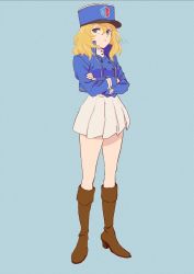 Rule 34 | 1girl, bc freedom military uniform, blonde hair, blue background, blue eyes, blue jacket, blue vest, boots, crossed arms, girls und panzer, handa shuuhei, hat, high collar, highres, jacket, light frown, long sleeves, looking to the side, medium hair, messy hair, oshida (girls und panzer), pleated skirt, shako cap, simple background, skirt, solo, standing, thighs, vest, white skirt