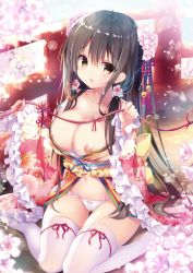 Rule 34 | 1girl, black hair, blush, bow, bow panties, breasts, brown eyes, cherry blossoms, chestnut mouth, collarbone, fingernails, flower, frilled sleeves, frills, hair between eyes, hair flower, hair ornament, highres, japanese clothes, kimono, kino (kino konomi), large breasts, long hair, long sleeves, looking at viewer, melonbooks, navel, nipples, no shoes, off shoulder, original, panties, petals, red ribbon, ribbed legwear, ribbon, sidelocks, sitting, smile, solo, stomach, thighhighs, third-party edit, underwear, wariza, white panties, white thighhighs, wide sleeves